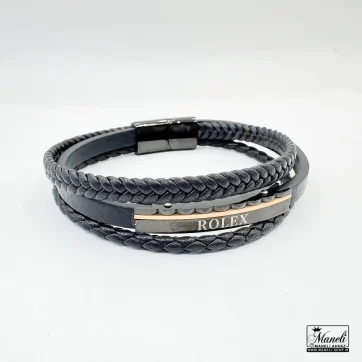 خرید دستبند مردانه چرم مشکی سه ردیفه با قفل مگنتی