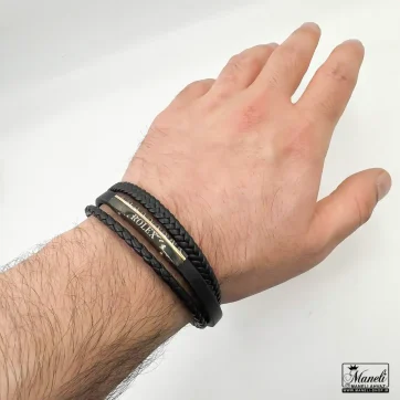 دستبند مردانه چرم مشکی سه ردیفه با قفل مگنتی