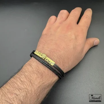 دستبند مردانه چرم با پلاک ورساچه طلایی