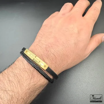 دستبند مردانه چرم دوردیفه با پلاک طلایی bvlgari