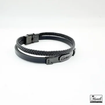خرید دستبند مردانه چرم با پلاک مشکی استیل با نوشته cartier