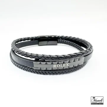 خرید دستبند مردانه چرم تمام مشکی سه ردیفه با قفل مگنتی