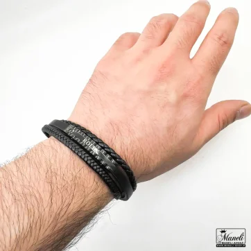 دستبند مردانه چرم تمام مشکی سه ردیفه با قفل مگنتی