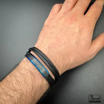 دستبند مردانه چرم دو دور و دو لاین مونت بلانک با پلاک آبی