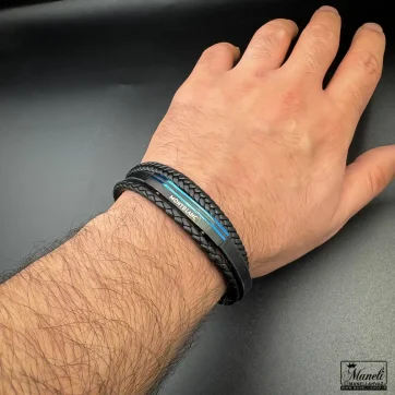 دستبند مردانه چرم سه لاین با پلاک مونت بلانک | قفل مگنتی