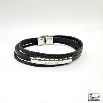 خرید دستبند مردانه چرم سه ردیفه با پلاک استیل نقره ای