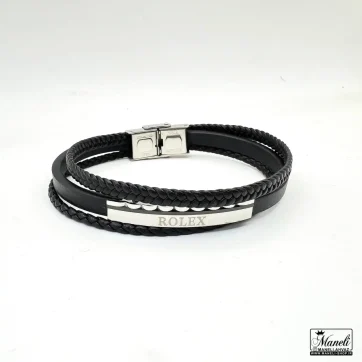 خرید دستبند مردانه چرم سه ردیفه با پلاک استیل نقره ای