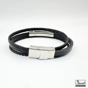 دستبند مردانه چرم سه ردیفه با پلاک استیل نقره ای - Image 4