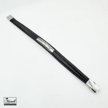 دستبند مردانه چرم سه ردیفه با پلاک استیل نقره ای - Image 3