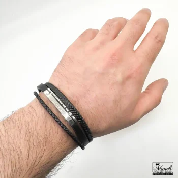 دستبند مردانه چرم سه ردیفه با پلاک استیل نقره ای