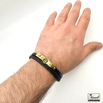 دستبند مردانه چرم دوردیفه با پلاک طلایی رولکس