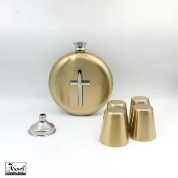 خرید ست هیپ فلاسک گرد طلایی با صلیب برجسته