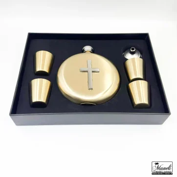 ست هیپ فلاسک گرد طلایی با صلیب برجسته