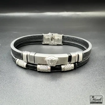 خرید دستبند مردانه چرم با پلاک ورساچه سیلور