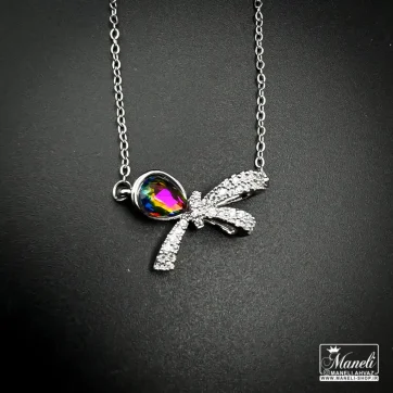 گردنبند پاپیون با نگین هفت رنگ | استیل