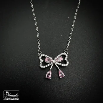 گردنبند پاپیون با نگین صورتی | استیل