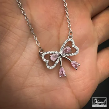 گردنبند پاپیون با نگین صورتی | استیل - Image 2