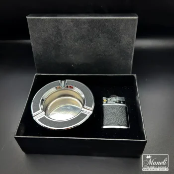 ست زیرسیگاری و فندک لاکچری مشکی با روکش چرم