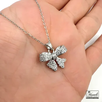 گردنبند نقره ای پاپیون نگین دار رنگ ثابت - Image 2