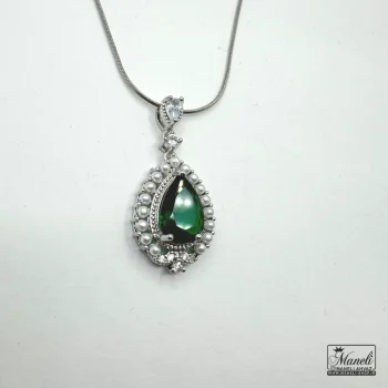 گردنبند نقره ای طرح اشکی مرواریدی با  نگین سبز - Image 3