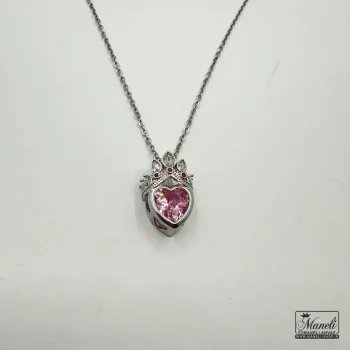 گردنبند نقره ای طرح قلب نگین صورتی تاج دار - Image 3