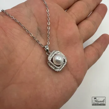 گردنبند نقره ای طرح مربعی نگینی باترکیب مروارید - Image 2