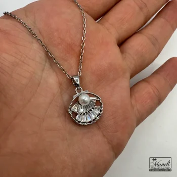 گردنبند نقره ای صدف مروارید دار با نگین باگتی - Image 3
