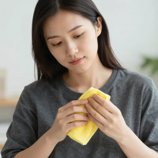Close-up of a woman carefully cleaning her watch with a soft cloth