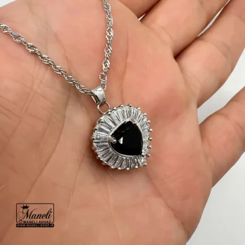 گردنبند نقره ای طرح قلبی نگین مشکی دورنگین باگتی - Image 3