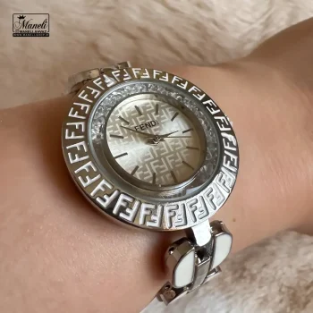 ساعت زنانه صفحه گرد fendi سیلور و سفید