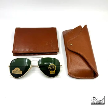 ست هدیه ای لاکچری کیف چرم و عینک Ray-Ban چرمسال | چرم طبیعی عسلی - Image 4