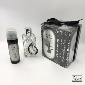 ادکلن زنانه 100میل رایحه درهم نقره ای (اماراتی) ارض الزعفران Dirham به همراه اسپری
